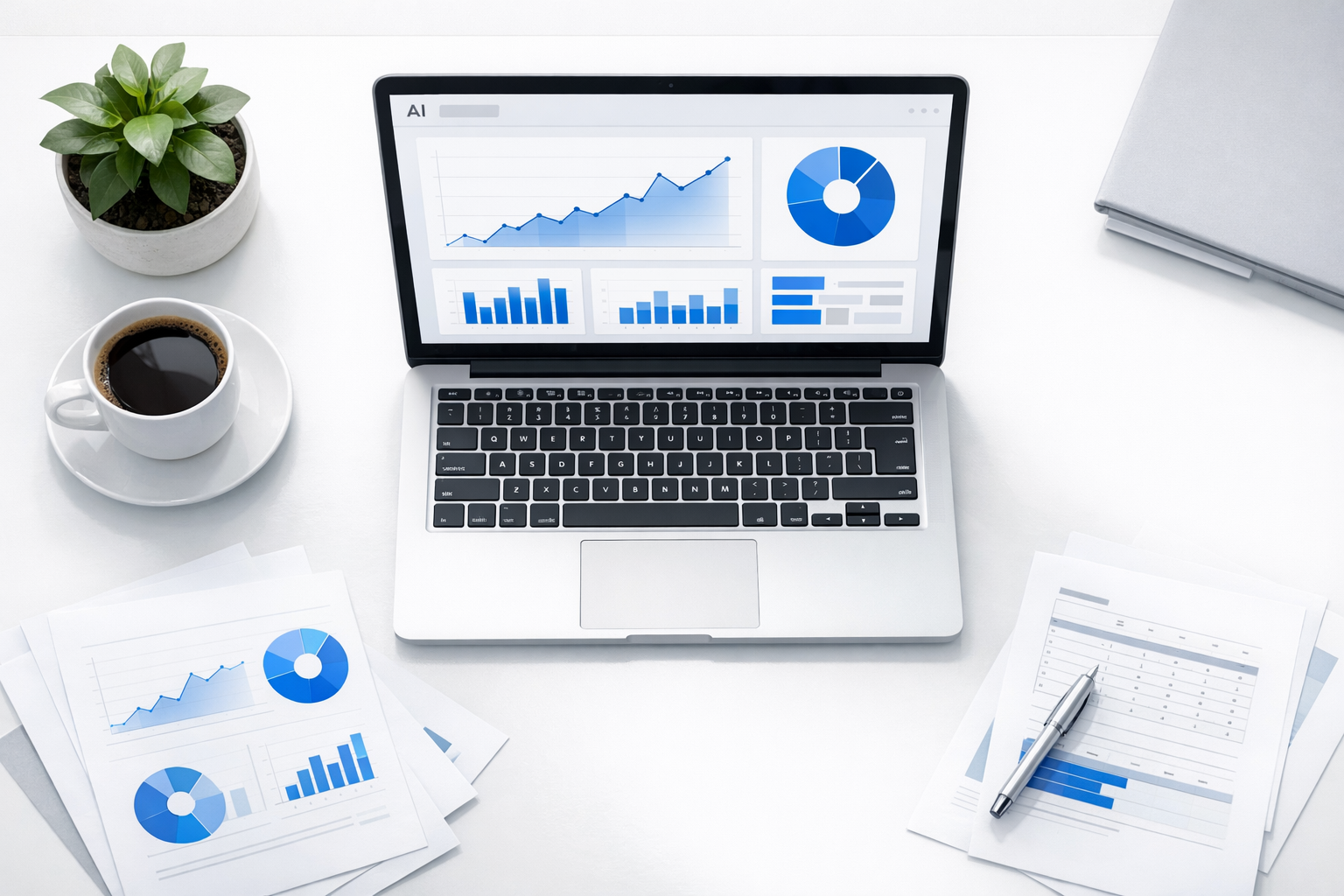 Escritorio moderno con portátil mostrando dashboard de inteligencia artificial con gráficos azules, documentos y café - IA para pymes